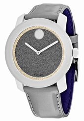 BRAND NEW MOVADO BOLD 3600237 GRAY GLITTER DIAL GRAY LEATHER STRAP WOMEN'S WATCH