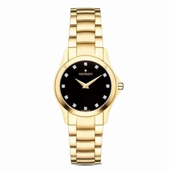 Movado Masino 0607028 Black Dial Yellow Gold Plated Stainless Steel Women's Watc