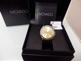 NEW MOVADO SAPPHIRE GOLD TONE DIAL BLACK LEATHER STRAP MEN'S WATCH 0606883