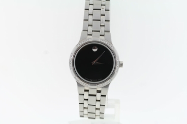 Ladies Movado 0605985 Metio Diamond Accent Black Dial Stainless Steel Watch