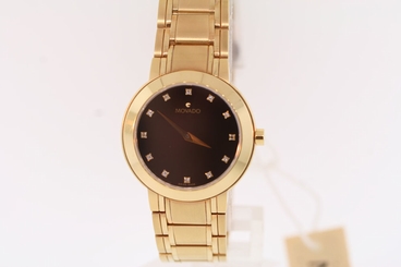 Ladies Movado 0606200 STIRI Gold Plated Stainless Steel Black Dial Diamond Watch