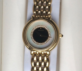 Ladies MOVADO Diamond, Onyx and MOP Dial St Steel Swiss Quartz Watch 7"