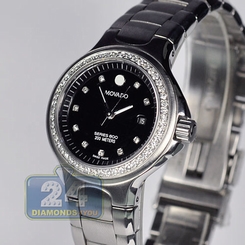 Movado Series 800 Custom Set Diamond Bezel Black Dial Womens Watch 2600053
