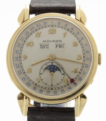 Movado Vintage Triple Date Moonphase 14K Yellow Gold 35mm Watch Fancy Lugs Case