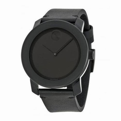 Movado Bold Black Leather Band Steel Case Quartz Analog Watch 3600306