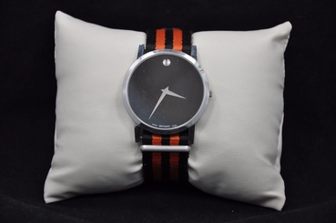 Genuine Movado Swiss Men's Watch Stainless Steel Case Orange and Black Fabric