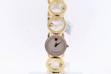Ladies Movado 0605822 ONO Diamond Bezel Mother of Pearl Dial Gold-tone Watch