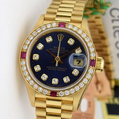 Rolex Lady President Gold Blue Diamond Dial Ruby Bezel 69178 - WATCH CHEST