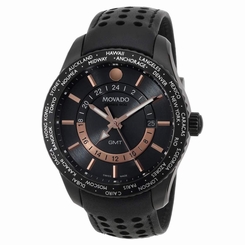 Movado 2600118 Gent's Gray Dial Black Leather Strap GMT Date Watch