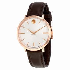 Movado Ultra Slim Silver Dial Ladies Brown Leather Watch 0607093