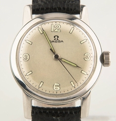 Vintage Omega �� Stainless Steel Men's Hand-Winding Watch w/ Leather Strap c 1947