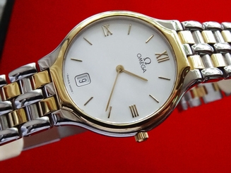 MINT MEN'S OMEGA SYMBOL SOLID 18K GOLD BEZEL DATE SOLID 18K/SS BRACELET