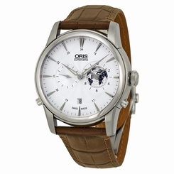 Fake AAA Oris Artelier GMT Automatic Silver White Dial Brown Leather Mens Watch Watch