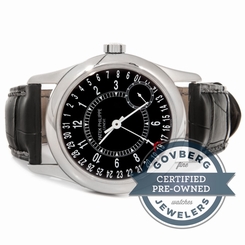 Patek Philippe Calatrava 18kt White Gold Black Dial Strap Mens Watch 6000G-001