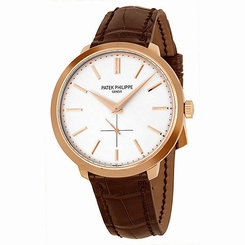 Patek Philippe Calatrava Silver Dial 18k Rose Gold Brown Leather Mens Watch