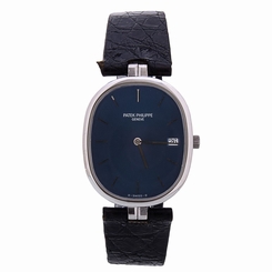 PATEK PHILIPPE ELLIPSE REF. 3930 LEATHER BAND BLUE DIAL DATE QUARTZ MENS WATCH