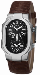 Philip Stein Womens 1-MB-ZBR Signature Brown Leather Strap Dual Time Watch