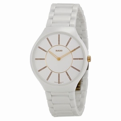 NWT Unisex Rado True Thinline R27957702 White Ceramic Rose Gold Diamond Watch