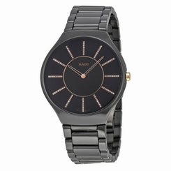 NWT Ladies Rado True Thinline R27741702 Black Ceramic Diamond Swiss Quartz Watch