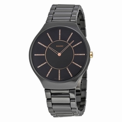 NWT Ladies Rado True Thinline R27741702 Black Ceramic Diamond Dial Watch