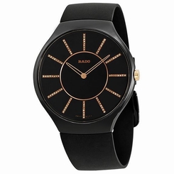 NWT Men's Rado True Thinline R27741709 Diamond Black Dial Ceramic Rubber Watch