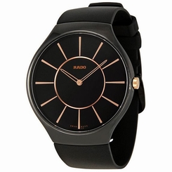 NWT Unisex Rado True Thinline R27741159 Black Ceramic Case Rubber Strap Watch