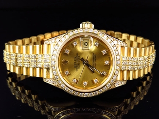 Excellent Ladies 27 MM Rolex President Datejust 18k Yellow Gold Diamond Watch