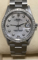 Rolex mens White Mop Dimond Dial & Diamond Bezel 34mm Date automatic watch