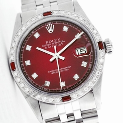 Rolex Mens Datejust Oyster Perputual SS/18K Gold Red Vignette Diamond Ruby Watch