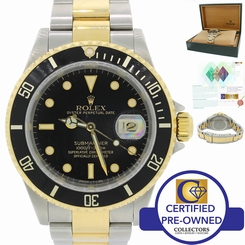 Rolex Submariner 16613 Steel 18k Gold Two Tone Black Date Diver Watch Box Papers