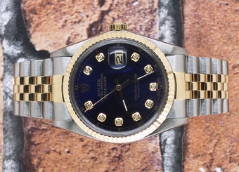 Gents Blue Diamond Dial Steel & 18k Yellow Gold Rolex Oyster Perpetual Datejust.