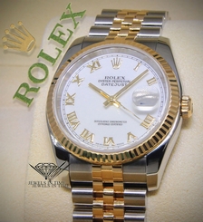Rolex Datejust 18k Yellow Gold/Steel Roman White Dial Mens Watch 116233