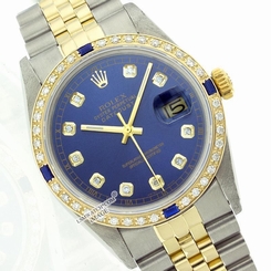 Rolex Mens 16013 Datejust Steel/18k Yellow Gold Blue Dial Daimond/Sapphire Watch