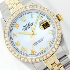  Rolex Mans Datejust 16013 18k Yellow Gold/Steel MOP Ice Blue Dial Diamonds Watch