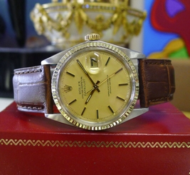 Mens Vintage ROLEX Oyster Perpetual Datejust Gold Dial Steel & Yellow Gold Watch