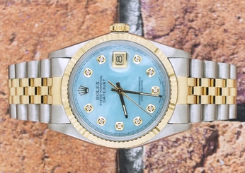 Gents Blue Mother of Pearl Diamond Dial Steel & 18ct Yellow Gold Rolex Datejust