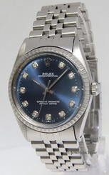 Rolex Oyster Perpetual No Date Stainless Steel Blue Diamond Dial Mens Watch 1018