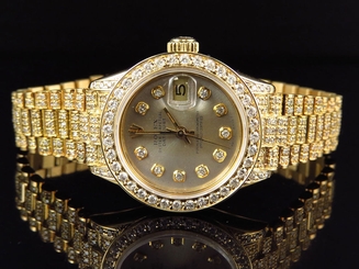 Excellent Ladies 27 MM Rolex President Datejust 18k Yellow Gold Diamond Watch