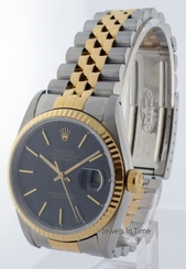  Rolex Datejust 18k Gold & Steel Black Tapestry Dial  Mens Automatic Watch  16233