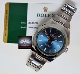 Rolex Milgauss Steel Blue Dial Green Crystal Watch 2014 Box/Papers 116400GV