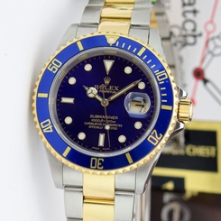 Rolex Submariner Blue Dial Yellow Gold & Steel 40mm 16613LB Holes - WATCH CHEST