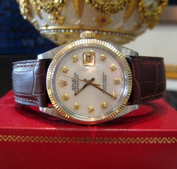 Mens Vintage ROLEX Oyster Perpetual Datejust Diamond Dial Watch on Leather Strap