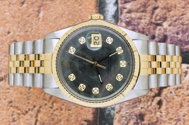 Gents Black MOP Diamond Dial Steel & Yellow Gold Rolex Oyster Perpetual Datejust