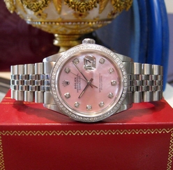 ROLEX 36MM DATEJUST PINK MOTHER-OF-PEARL DIAMOND BEZEL OYSTER PERPETUAL WATCH