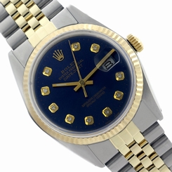  Rolex Fluted Men's 36mm Two-Tone Datejust 16013 Blue Diamond 18k Gold Watch