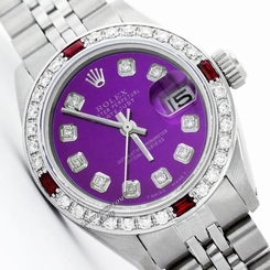 ROLEX LADY DATEJUST OYSTER PERPETUAL SS/18K WHITE GOLD PURPLE DIAMOND/RUBY WATCH