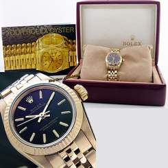 Ladies' Solid 18K Gold Rolex Oyster Perpetual Black Dial Box 67198 President