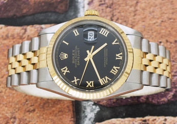  Gents Steel & Gold Rolex Oyster Perpetual Datejust - Black Roman Numeral Dial.