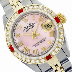 Lady Rolex DJ Two-Tone Watch Sweet Pink MOP Roman Dial/Diamond Bzl/Ruby Baguette