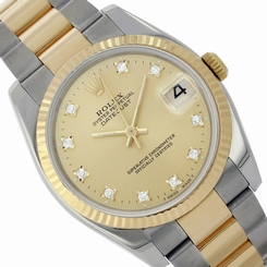 Warm Champagne Diamond Dial Rolex Men's Datejust 36mm Watch Gold Bzl Oyster Band